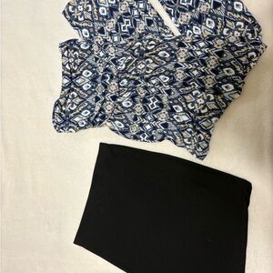 Blue Geometric Printed Strapless Jumpsuit with Black Maxi-Skirt Set